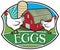 Farm fresh eggs label chicken, red barn and silo design