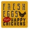 Farm fresh eggs poster on yellow vintage rusty metal background with chicken. Retro typography style