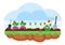 Farm Gardener Background Vector Illustration With A Landscape Of Gardens, Flowers, Vegetables Planted, Wheelbarrow, Shovel And