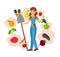 Farm Girl and Harvesting Flat Vector Illustration