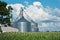 Farm grain bins / silos with cornfield and sky