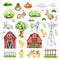 Farm hand drawn bundle. Watercolor illustration. Red barn, fence, farm animals, tree, bush, windmill element set. Ranch