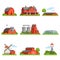 Farm house and constructions set, agriculture industry and countryside buildings vector Illustrations