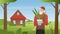 Farm house summer landscape, cartoon old farmer man character holding green houseplant in pot