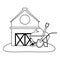 Farm house and wheelbarrow with ground and shovel black and white