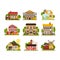 Farm houses and buildings set, agriculture industry and countryside constructions vector Illustrations on a white