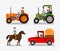 Farm icons set. Cartoon symbols such as tractor, truck, horse, farmer. Vector illustration