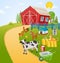 Farm illustration with animals, birds and items