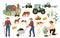 Farm illustrations vector set. Farmers working with wheelbarrow, gathering tomato harvest. Agricultural cute design
