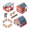 Farm isometric buildings set. Warehouse storing grain hay drinking bowl animals barn wooden fence retro well chicken