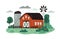 Farm landscape with barn or hangar, windmill, silage tower, green garden and lawn. Farmland in summer. Organic farming