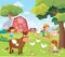 Farm landscape with children. Picture view with farm animals cow pig chicken and barn.