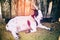 Farm landscape with grazing goat. Agriculture background