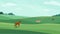 Farm landscape vector illustration. Green meadow field, hills. Cow, horse animal graze on fresh grass. Nature spring