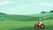 Farm landscape vector illustration with green meadow field, tractor and animal cow horse. Nature spring or summer