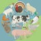 Farm life with animals banner vector illustration. Collection of cute pets. Domestic animals as cow, pig and goose