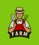 Farm logo or label. Happy farmer with garden tools vector illustration