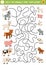 Farm maze for kids with animals and their babies. Country side preschool printable activity with cute goat, pig, horse, sheep, cow