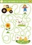 Farm maze for kids with cute tractor, scarecrow, sunflower, hay stacks. Country side preschool printable activity. Spring or