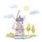 Farm Mill Illustration, Windmill Clipart, Farm Watercolor Clip Art