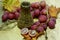 Farm natural drinks wicker bottle and grapes