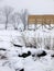 Farm: new barn construction winter fog