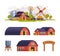 Farm Object with Timbered Red Barn, Tractor and Water Tower Vector Set