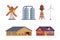 Farm Object with Timbered Red Barn, Windmill and Water Tower Vector Set