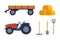 Farm Object with Tractor, Hay, Trailer, Pitchfork and Shovel Vector Set