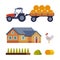 Farm Object with Tractor, House, Poultry, Hay and Growing Crop Vector Set