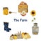 Farm objects and animals: gray fluffy hare rabbit, small yellow chick, nest with eggs, gumboots and sunflower isolated