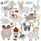 Farm with pets, cat, goose, sheep, pony, goat, bull. Cute animals in pastel colors. Village farm animals on white