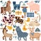 Farm with pets, cat, pig, goat, horse, donkey, cow. Cute animals in pastel colors. Rural farm animals on a white