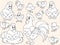 Farm poultry, hen, rooster and chicks in different poses. Isolated animals for stickers. Children coloring book.