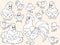 Farm poultry, hen, rooster and chicks in different poses. Isolated animals for stickers. Children coloring book.