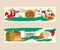 Farm products set of banners vector illustration. Agro exposition. Collection of cute pet animal. Domestic animals as