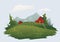 Farm or ranch in the mountain alpine landscape. Isolated vector illustration.