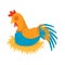 Farm rooster sleeping in his nest. Male domestic fowl with bright blue-orange feathers and red scallop. Flat vector icon