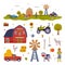Farm Rural Buildings and Agricultural Objects Set, Farmhouse, Windmill, Tractor, Pickup, Livestock, Agriculture and