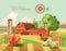 Farm rural landscape. Agriculture vector illustration. Colorful countryside. Poster with retro village and farm