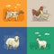 Farm rural landscape with goat, sheep, cow, hen and cock. Agriculture vector illustration. Colorful countryside.