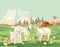 Farm rural landscape with goats. Agriculture vector illustration. Colorful countryside. Poster with vintage farm