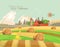 Farm rural landscape with haystacks. Agriculture vector illustration. Colorful countryside. Poster with vintage farm