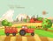 Farm rural landscape with haystacks. Think green. Agriculture vector illustration. Colorful countryside. Poster with vintage farm