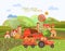 Farm rural landscape with tractor. Agriculture vector illustration. Colorful countryside. Poster with vintage farm