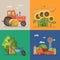 Farm rural landscape with tractor, sunflowers, farm and apple tree. Line. Agriculture vector illustration. Colorful countryside.