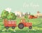 Farm rural landscape with vintage tractor. Agriculture vector illustration. Colorful countryside. Poster with vintage farm