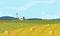 Farm scene with barn and windmill, trees, fence, haystacks. Rural landscape. Agriculture and farming concept. Cute vector