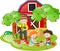 Farm scene with children and farmer planting trees