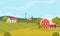 Farm scene with red barn and windmill, trees, fence, haystack. Rural landscape. Agriculture and farming concept. Cute vector